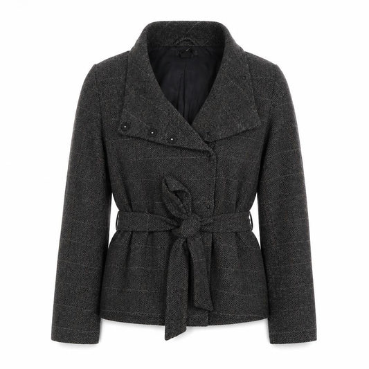 H&M Women’s Grey Wool Blend Belted Herringbone Check Jacket UK 18