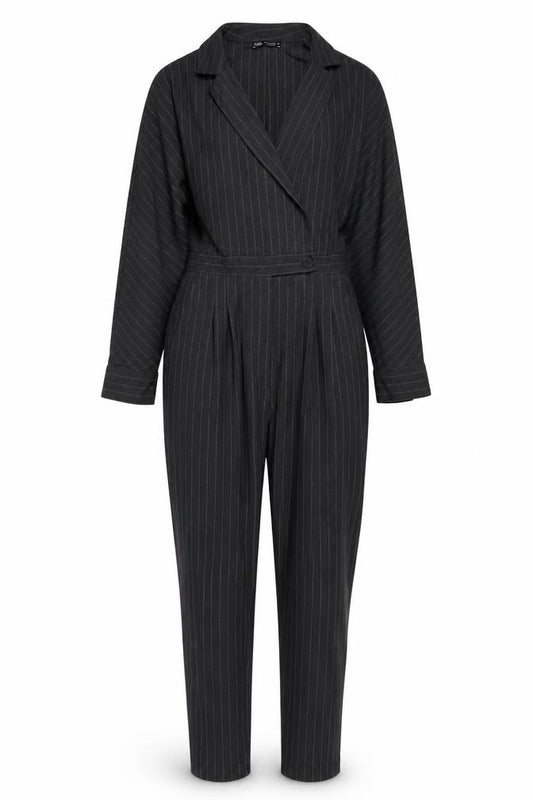 Zara Women Black UK 6 Pinstripe V-Neck Long Sleeve Jumpsuit