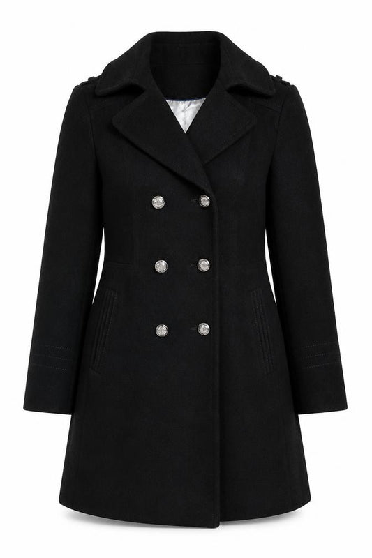 Wallis Women Black UK 10 Pea Coat Double Breasted Military Buttons
