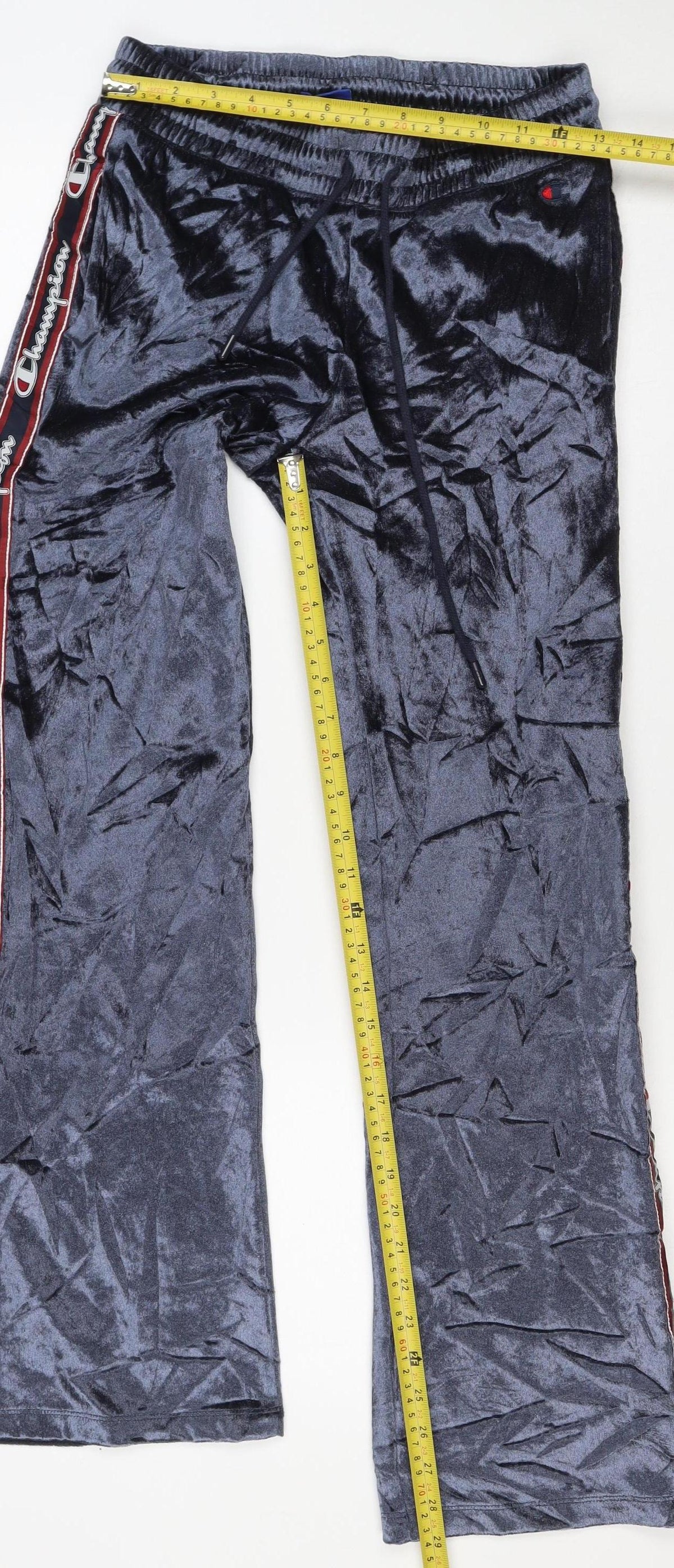 Champion Women’s Blue Velour Logo Jogger Trousers Small Drawstring