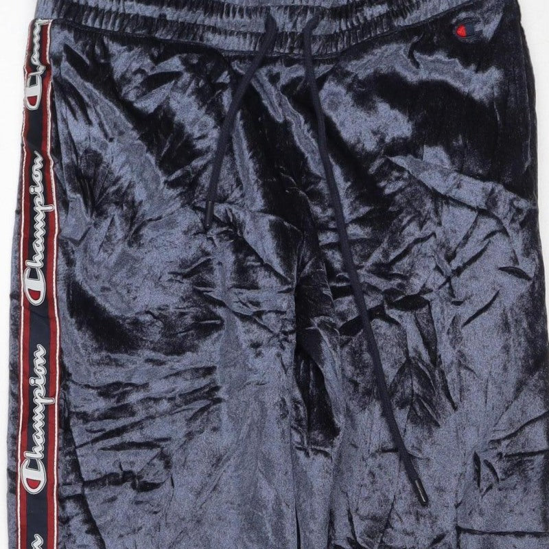 Champion Women’s Blue Velour Logo Jogger Trousers Small Drawstring