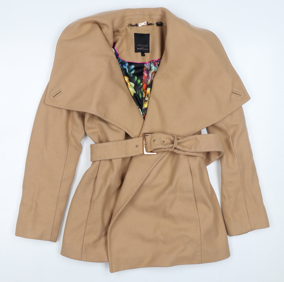 Ted Baker Women Beige UK 10 Wool Cashmere Belted Wrap Coat