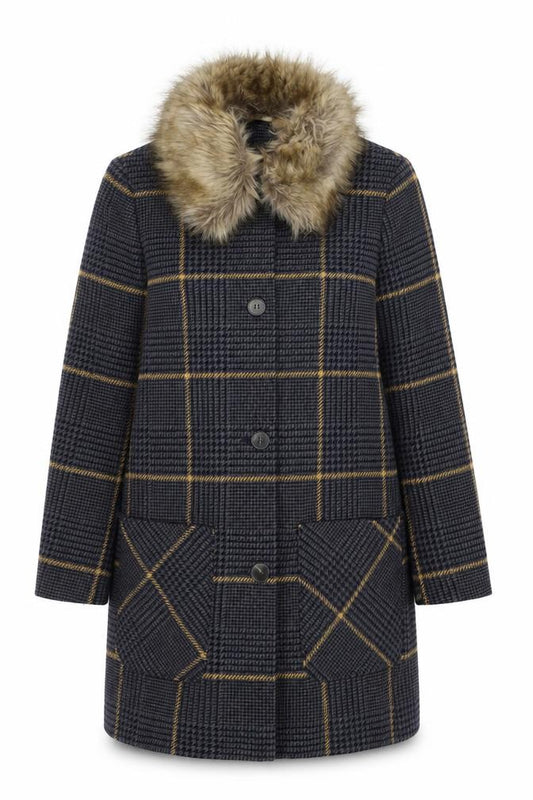 George Women’s Navy Check Faux Fur Collar Overcoat UK 18