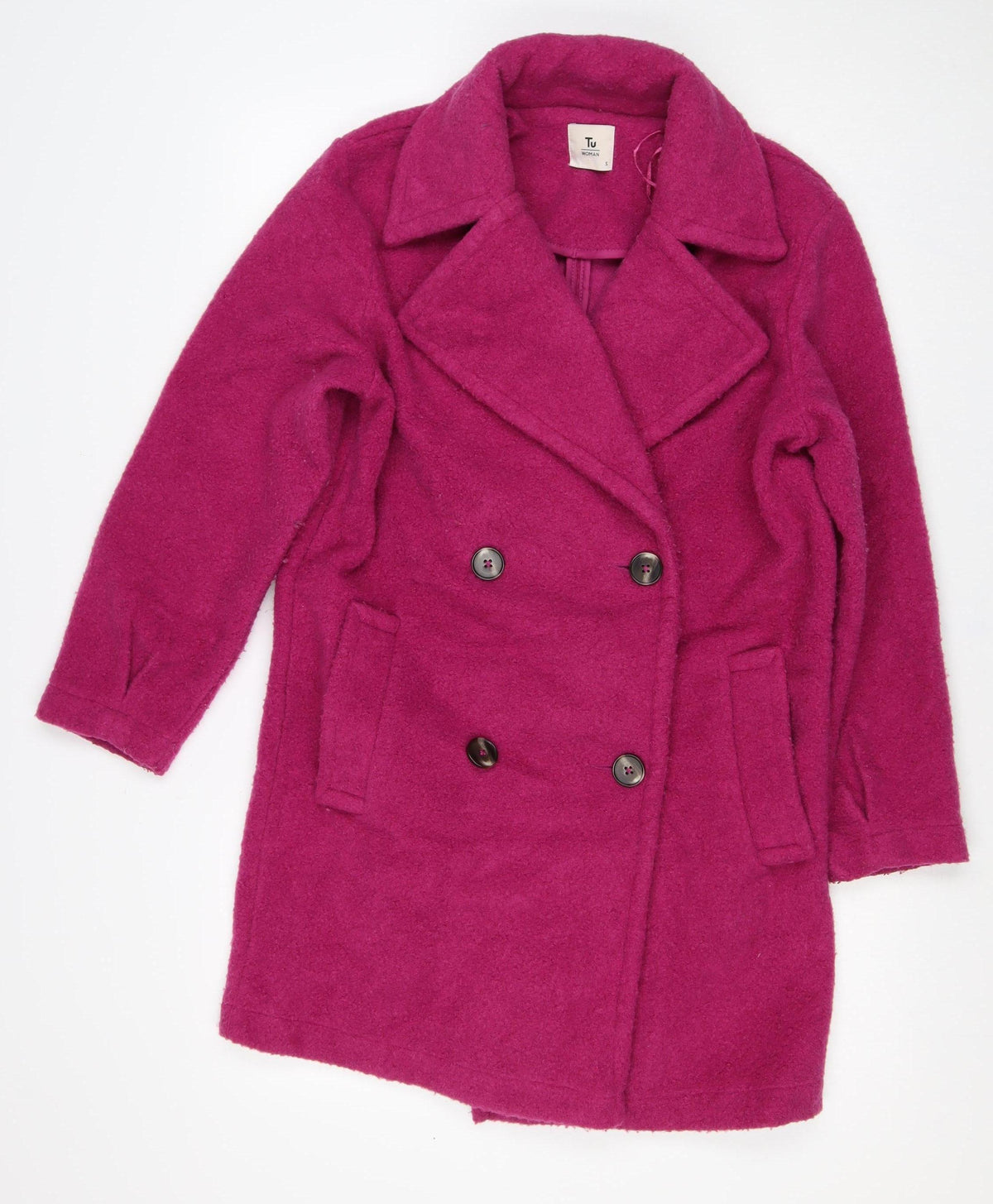 TU Women’s Pink Size S Double-Breasted Pea Coat Fleece Button Jacket