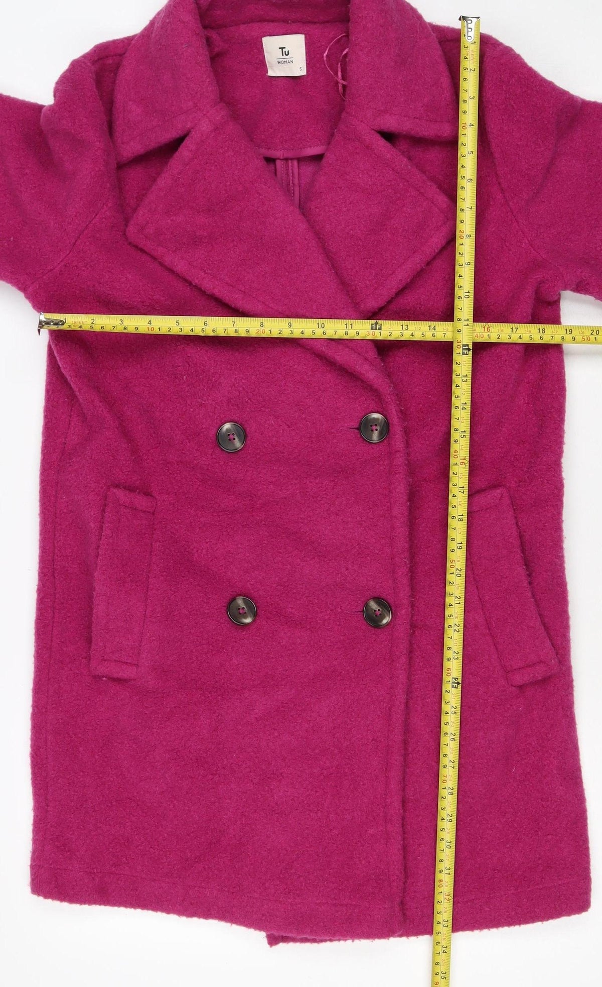 TU Women’s Pink Size S Double-Breasted Pea Coat Fleece Button Jacket