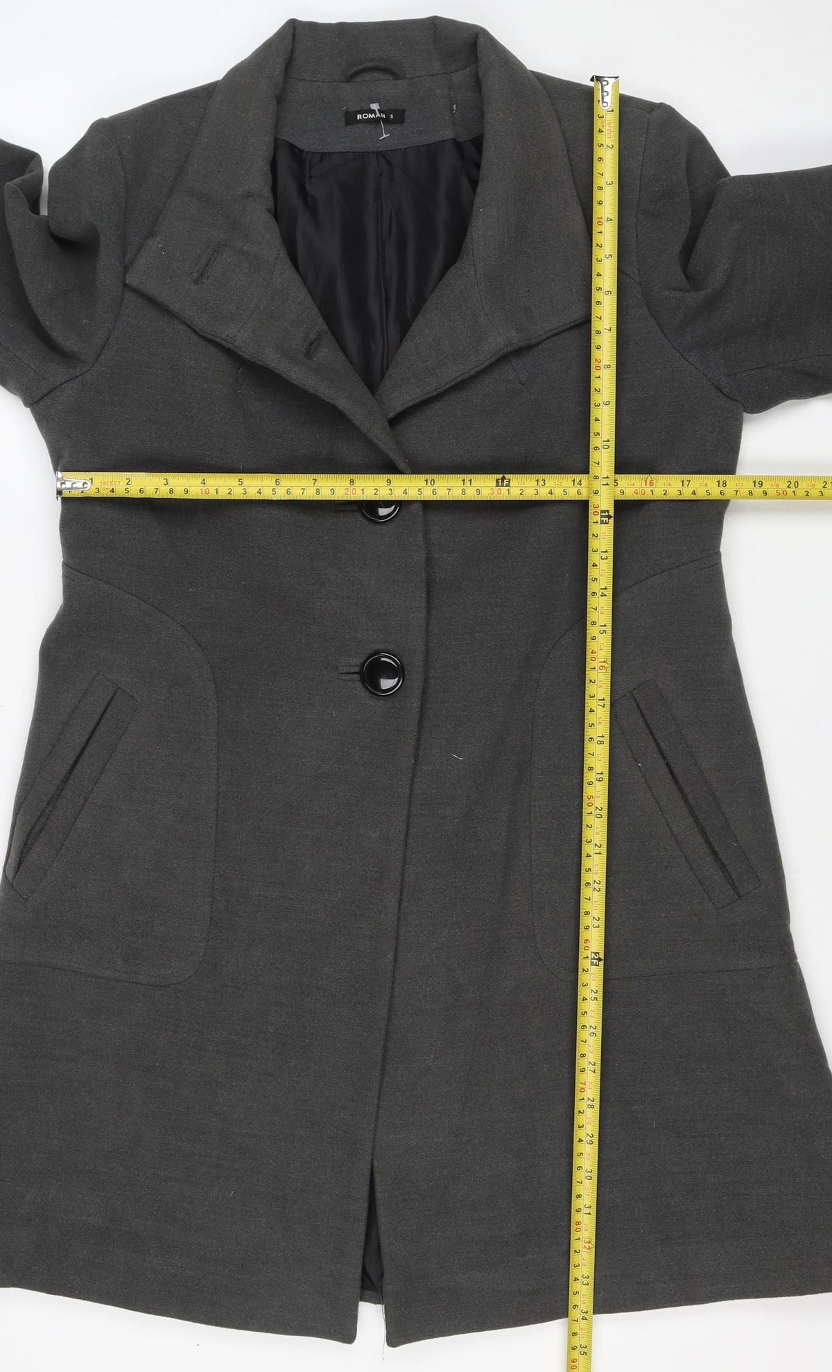 Roman Women Grey S Long Single-Breasted Tailored Overcoat Lined