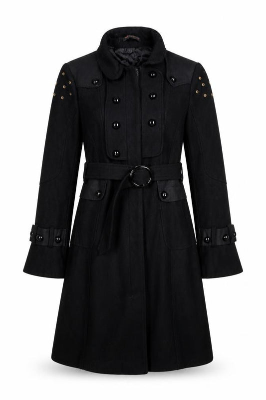 T.Sega Women’s Black Size 10 Military Belted Long Wool Blend Coat