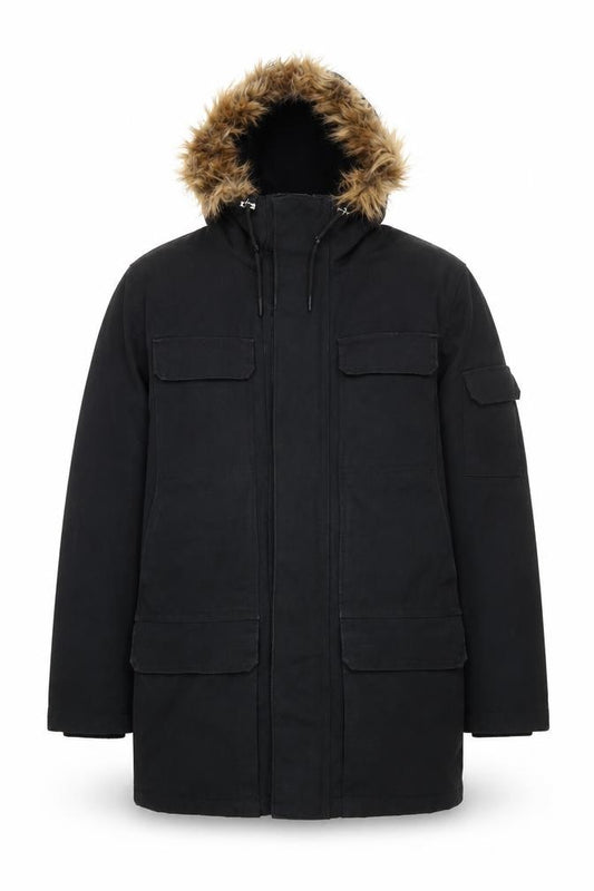 H&M LOGG Men’s Black S Fur Trim Hooded Cotton Blend Parka Coat