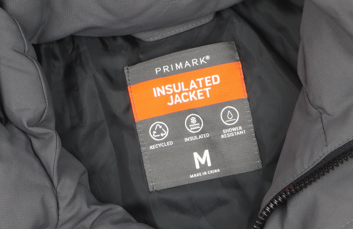 Primark Men’s Grey M Insulated Hooded Puffer Jacket Water Resistant
