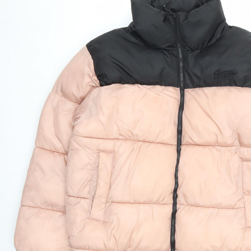 Pull&Bear Women Pink Black M Puffer Jacket Quilted Full Zip