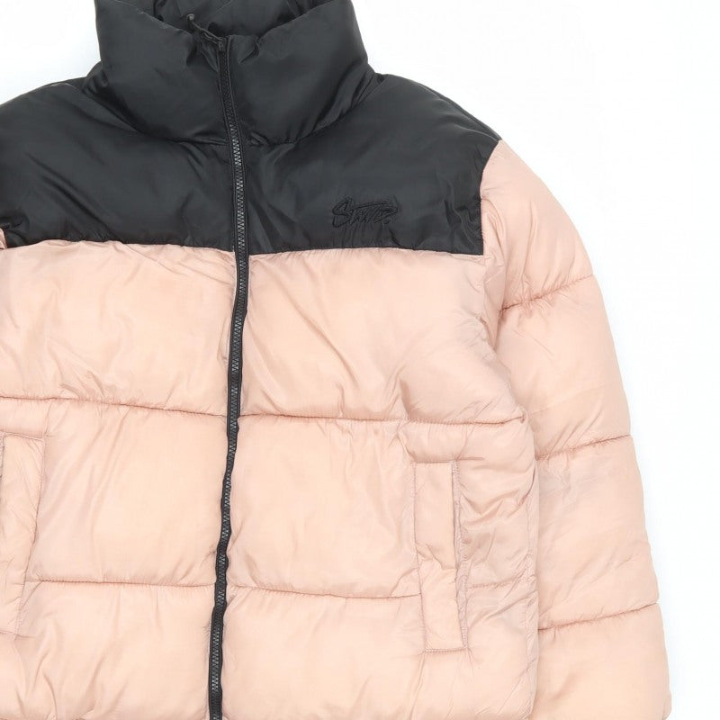 Pull&Bear Women Pink Black M Puffer Jacket Quilted Full Zip