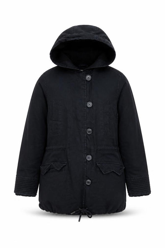 L.O.G.G Women’s Black Hooded Parka Coat UK 6 Cotton Drawstring