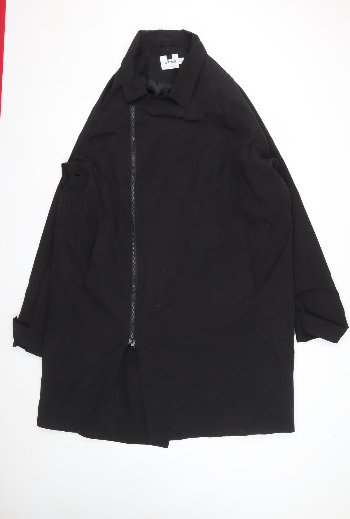 Topman Men’s Black XL Long Zip Overcoat Collared Cotton Blend