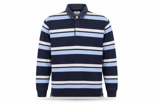 Marks and Spencer Men's Blue XL Long Sleeve Striped Cotton Polo Shirt