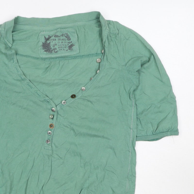 River Island Women Green Size 10 Puff Sleeve V-Neck Button Blouse