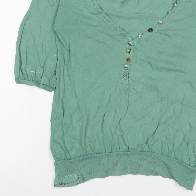 River Island Women Green Size 10 Puff Sleeve V-Neck Button Blouse