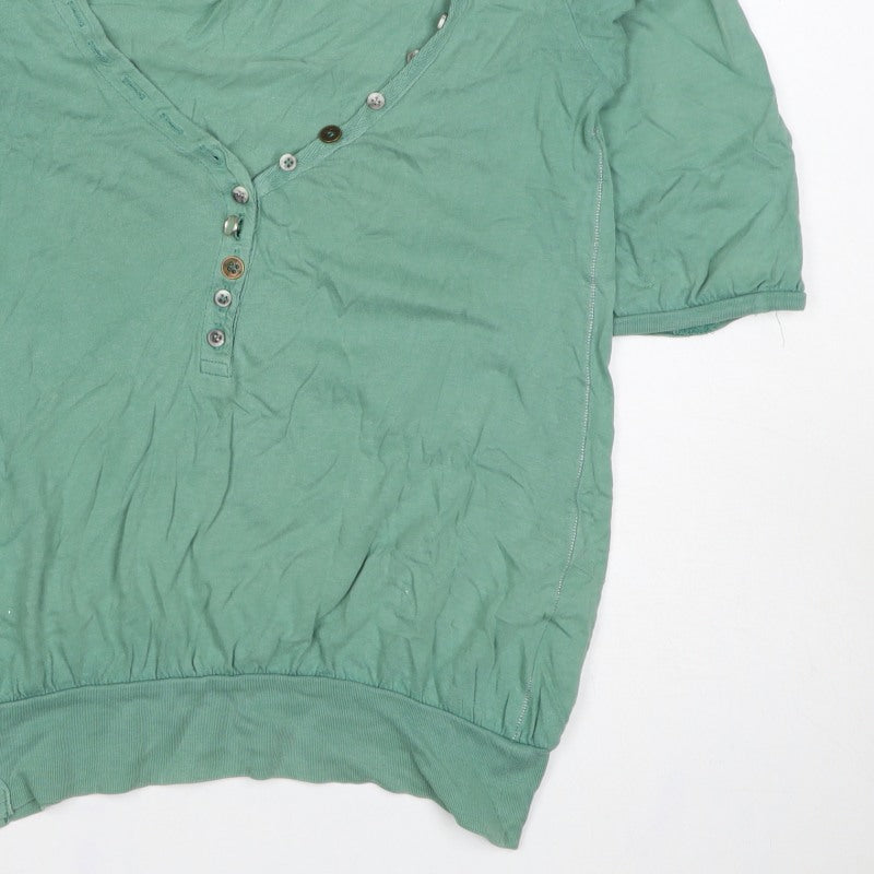 River Island Women Green Size 10 Puff Sleeve V-Neck Button Blouse