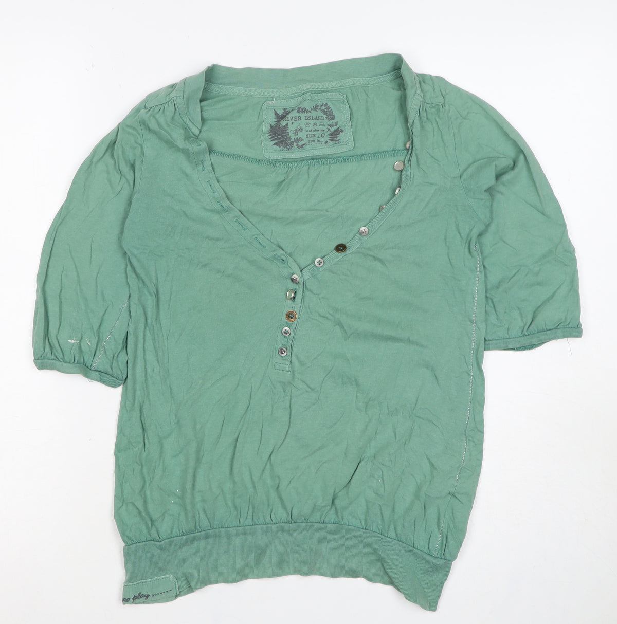 River Island Women Green Size 10 Puff Sleeve V-Neck Button Blouse