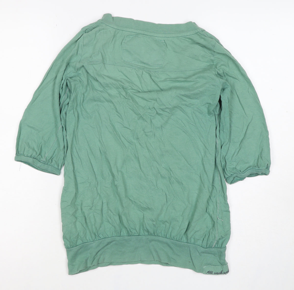 River Island Women Green Size 10 Puff Sleeve V-Neck Button Blouse