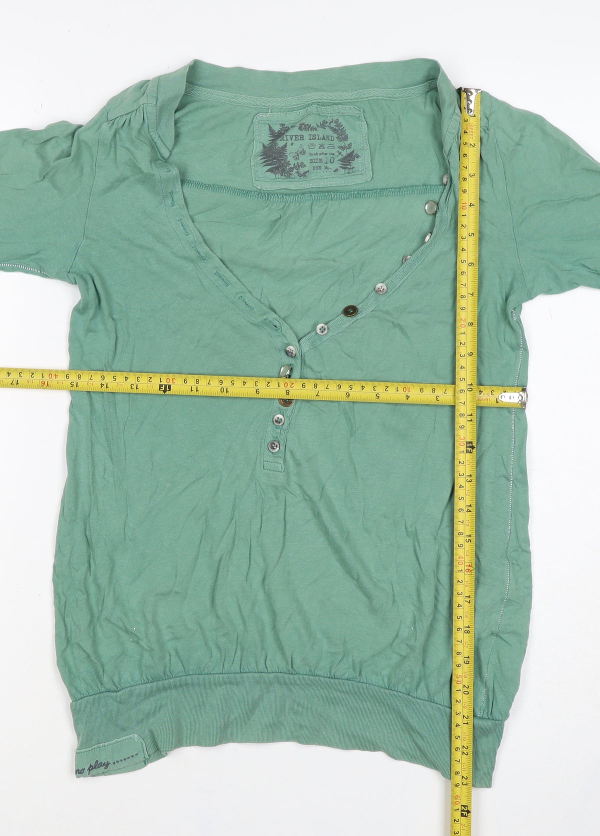 River Island Women Green Size 10 Puff Sleeve V-Neck Button Blouse