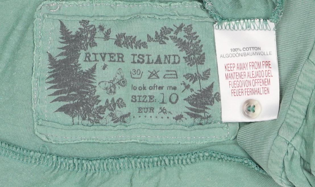 River Island Women Green Size 10 Puff Sleeve V-Neck Button Blouse