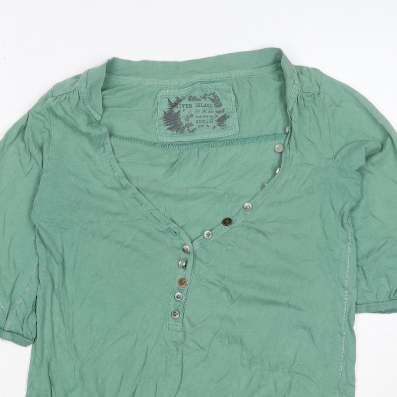 River Island Women Green Size 10 Puff Sleeve V-Neck Button Blouse