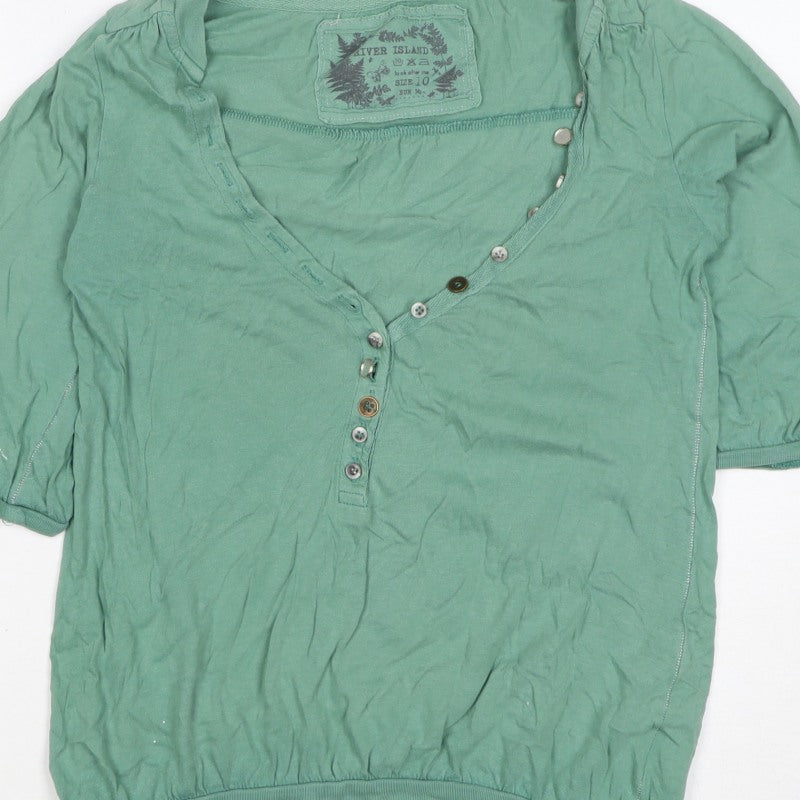River Island Women Green Size 10 Puff Sleeve V-Neck Button Blouse
