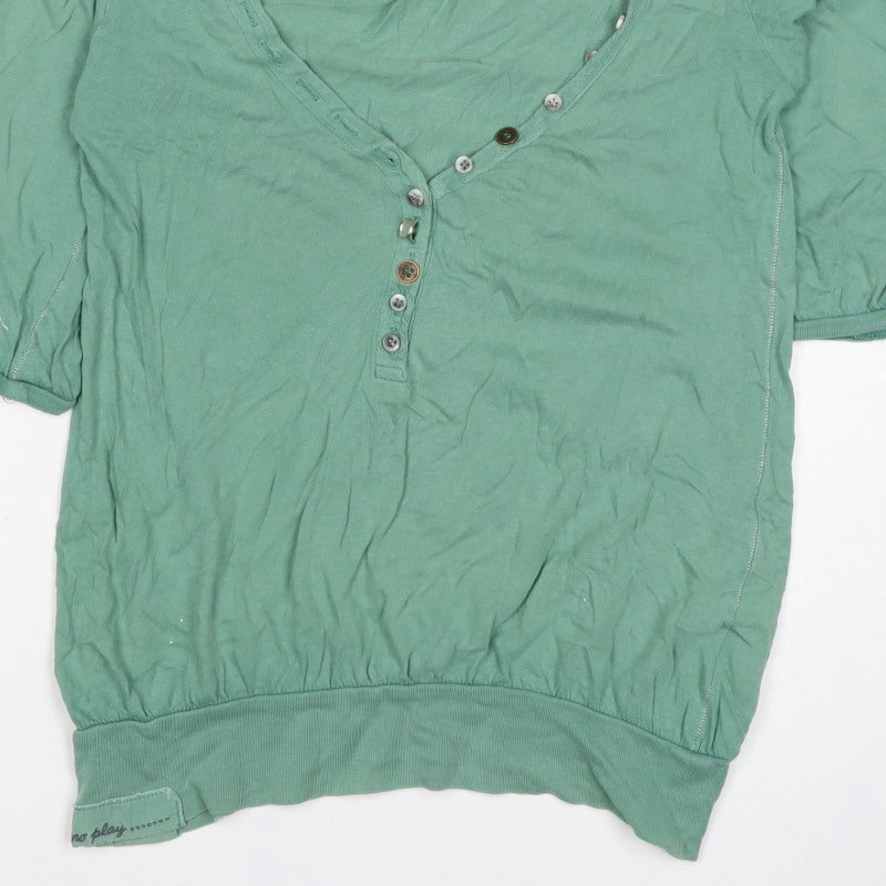 River Island Women Green Size 10 Puff Sleeve V-Neck Button Blouse
