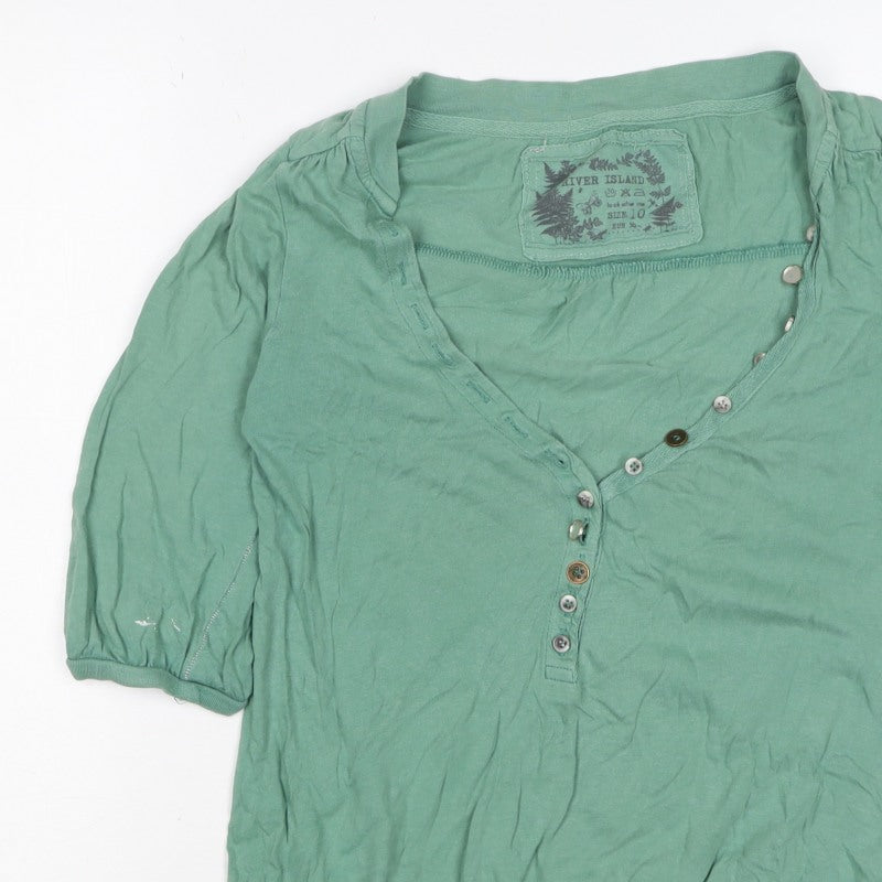 River Island Women Green Size 10 Puff Sleeve V-Neck Button Blouse