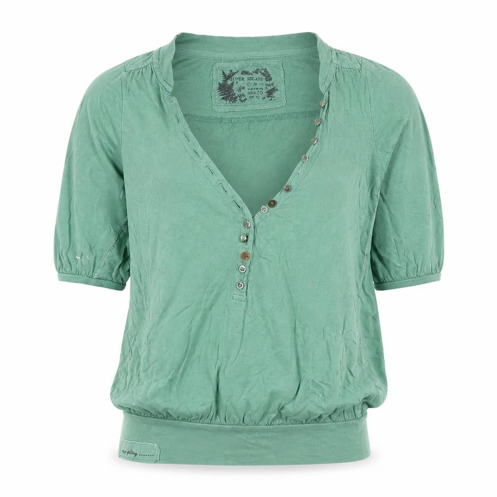 River Island Women Green Size 10 Puff Sleeve V-Neck Button Blouse