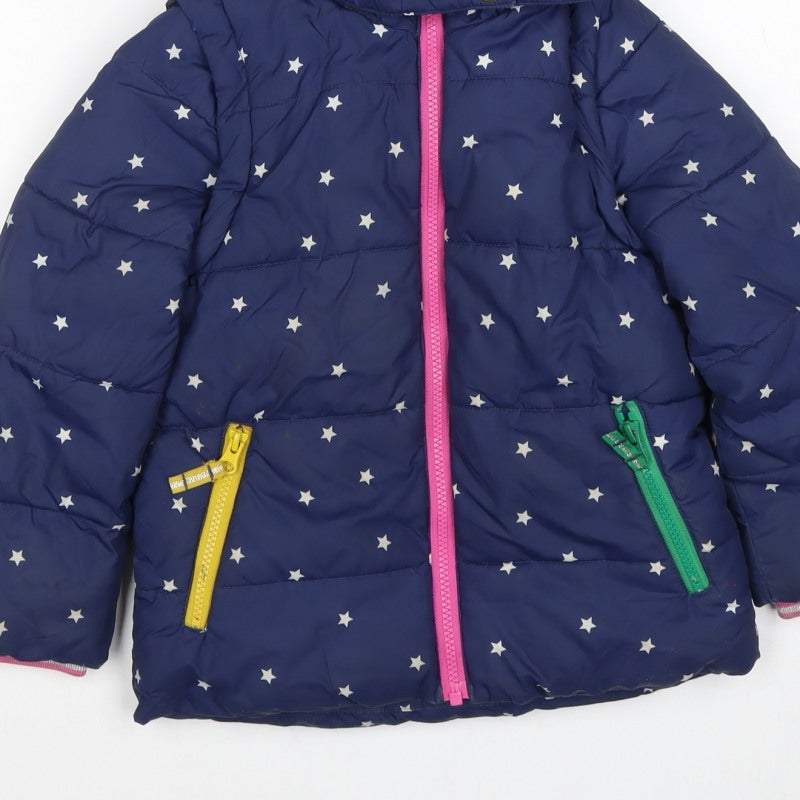 Mini Boden Girls Blue Star Puffer Jacket 5-6 Years Hooded Lined
