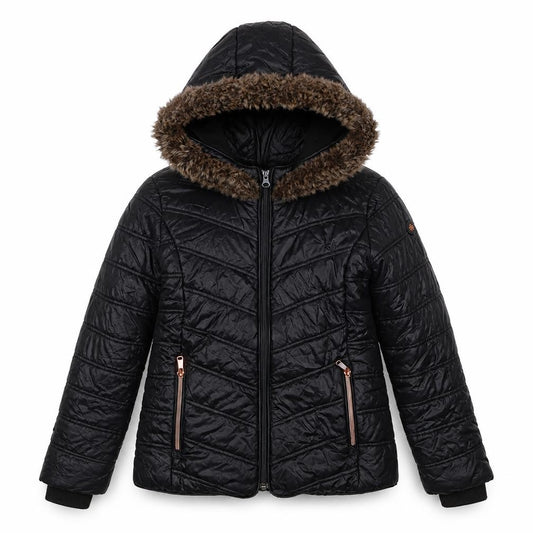 Firetrap Girls Black 11-12 Years Puffer Jacket Faux Fur Hood Quilted