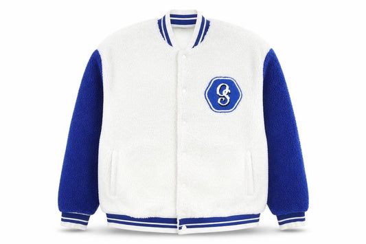 ASOS Men’s White Blue L Sherpa Fleece Varsity Jacket Logo College