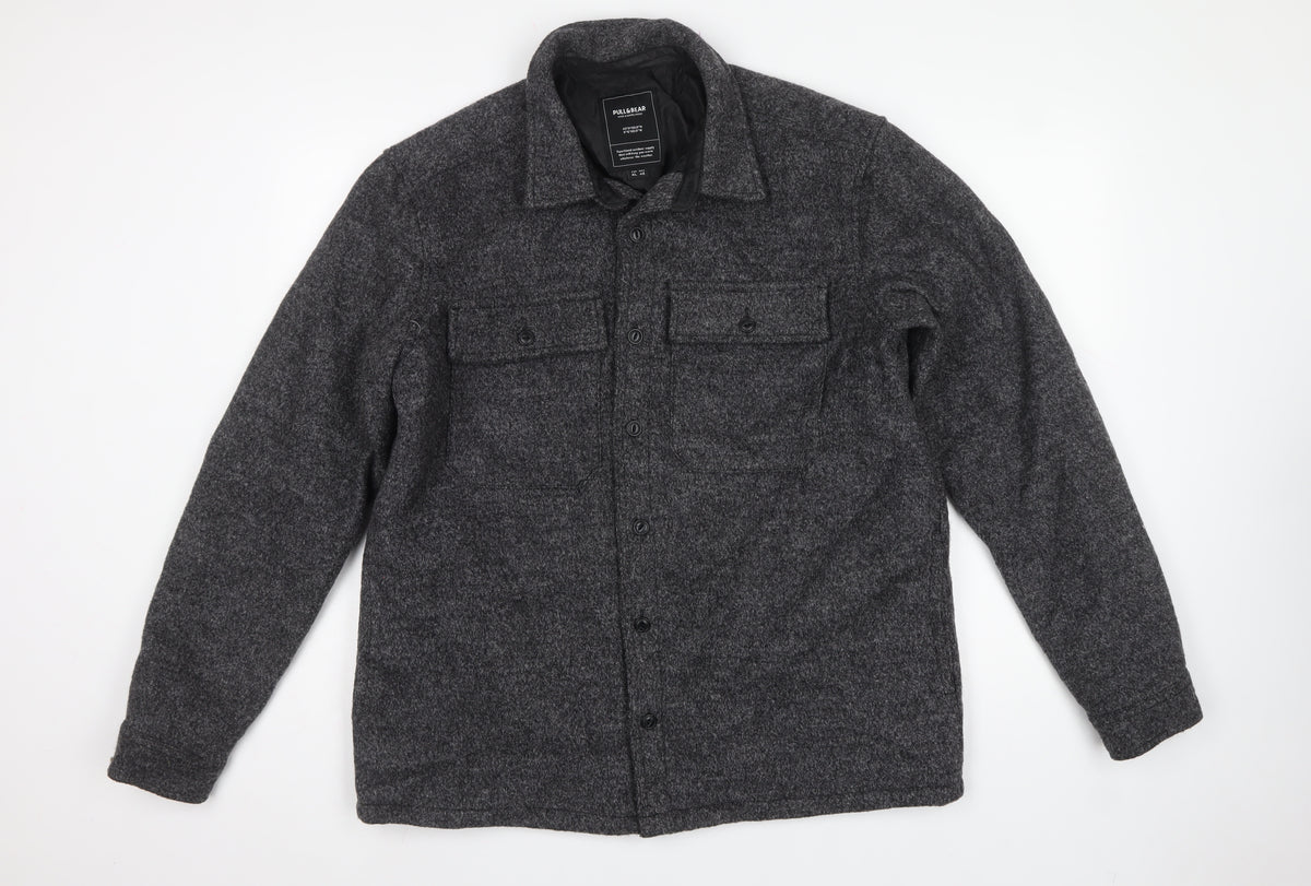 Pull&Bear Men's Grey XL Wool Blend Button Front Lined Jacket