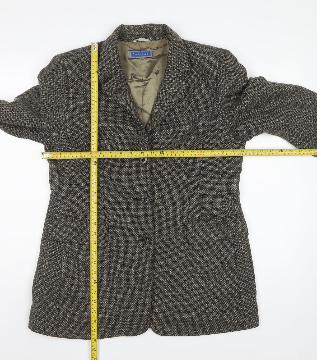 Austin Reed Women's Grey Herringbone Wool Blazer UK 16 Three Button