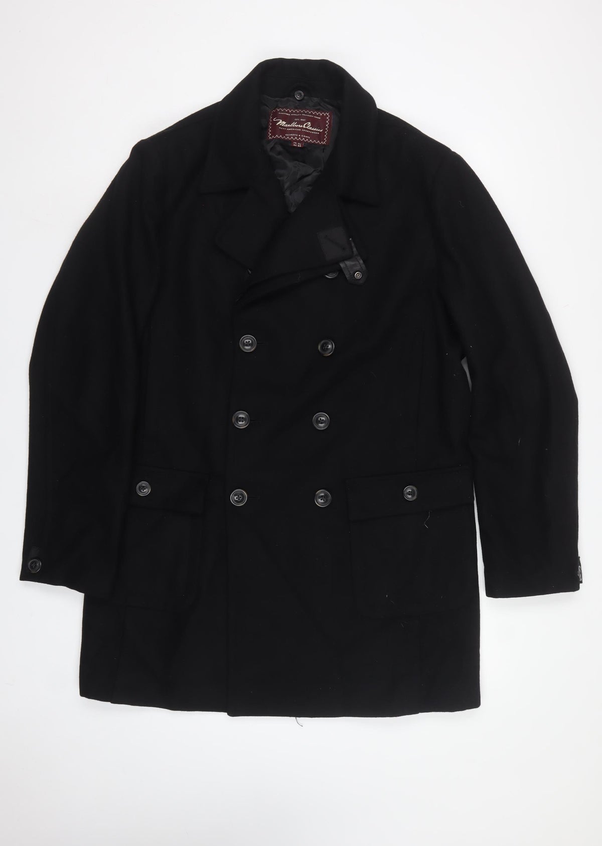 Marlboro Classics Men Black 42 Wool Pea Coat Double Breasted