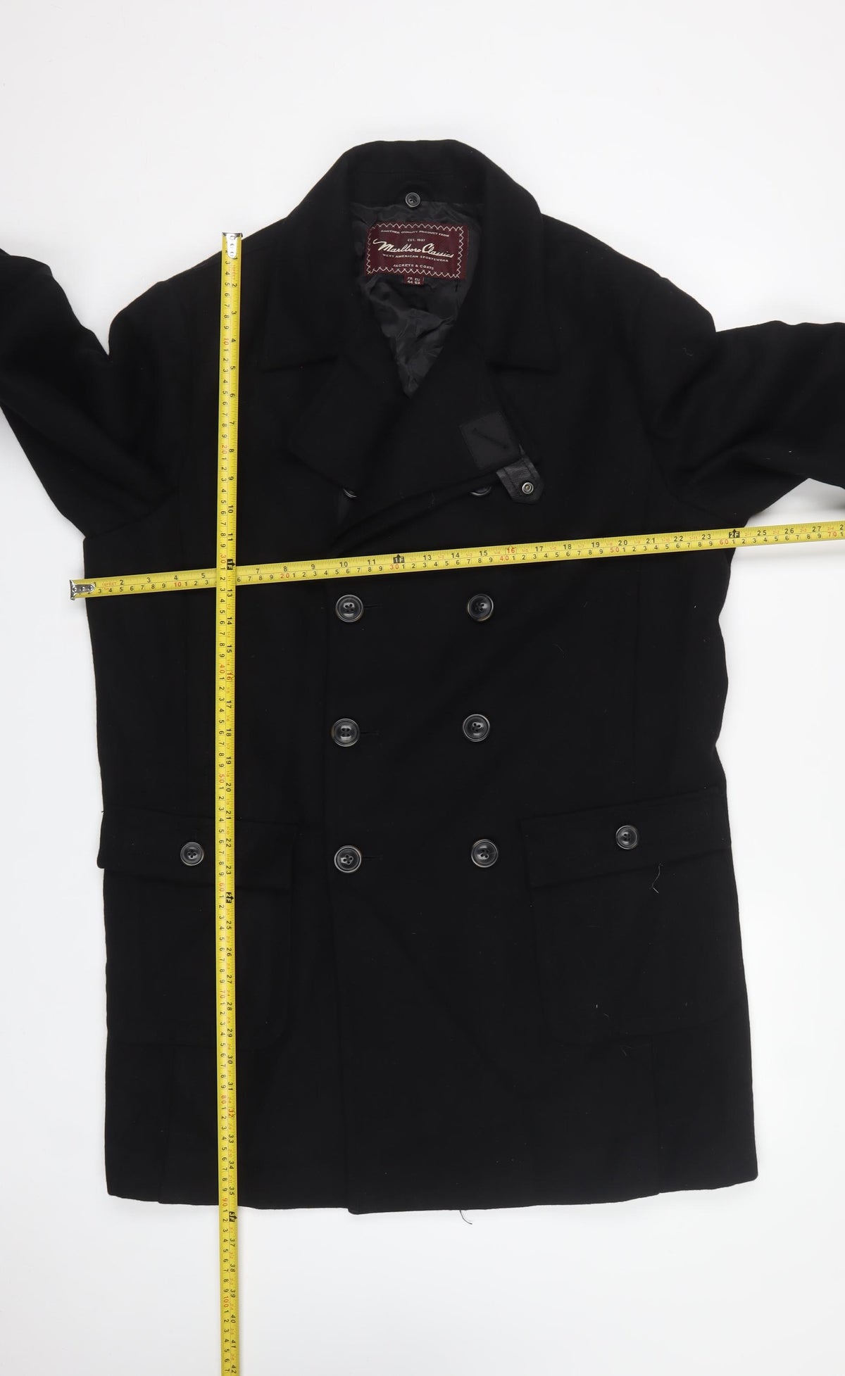 Marlboro Classics Men Black 42 Wool Pea Coat Double Breasted