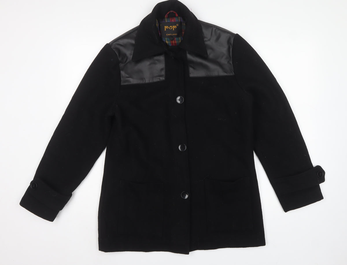 Pop England Women’s Black S Wool Blend Faux Leather Panel Overcoat