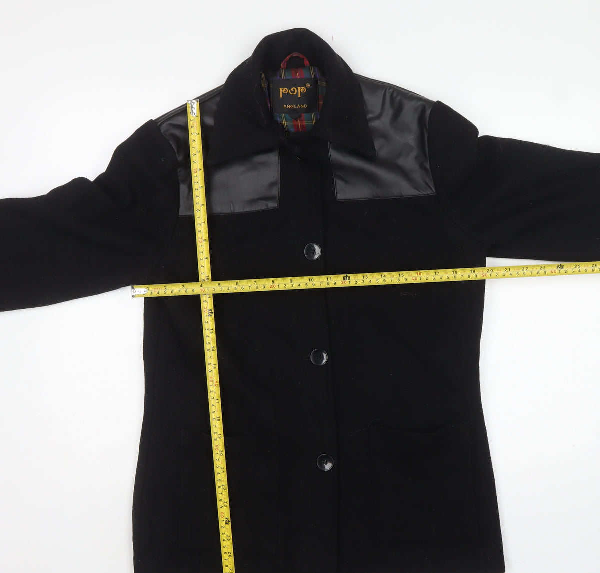 Pop England Women’s Black S Wool Blend Faux Leather Panel Overcoat