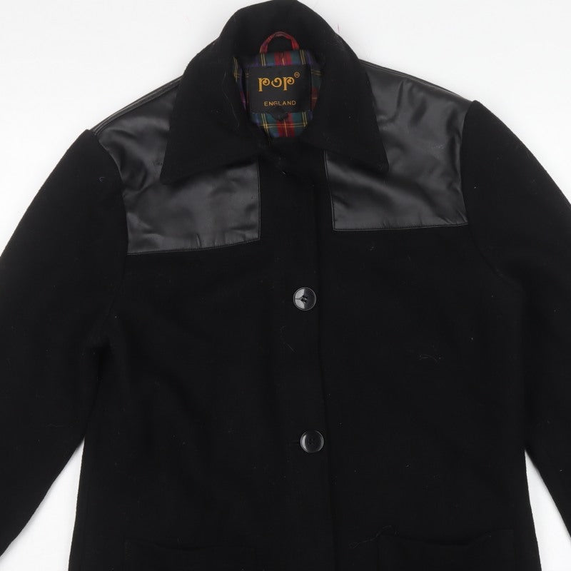 Pop England Women’s Black S Wool Blend Faux Leather Panel Overcoat