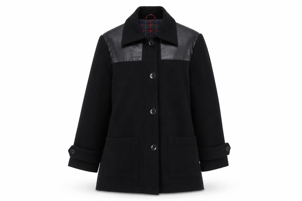 Pop England Women’s Black S Wool Blend Faux Leather Panel Overcoat