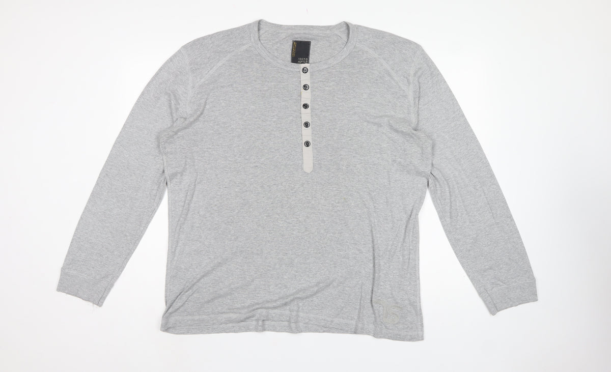 Jack & Jones Men Grey XL Long Sleeve Henley Button T-Shirt
