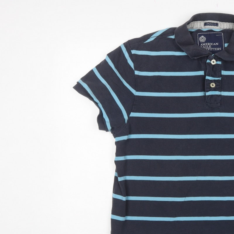 American Eagle Outfitters Men Blue Striped Athletic Fit Polo L