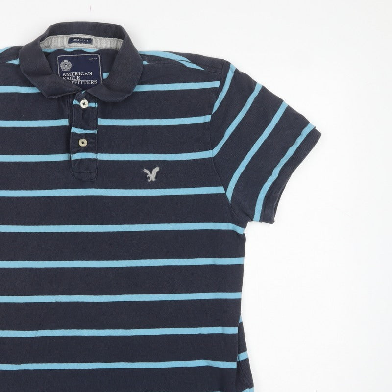 American Eagle Outfitters Men Blue Striped Athletic Fit Polo L