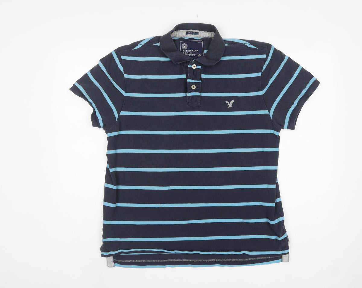 American Eagle Outfitters Men Blue Striped Athletic Fit Polo L