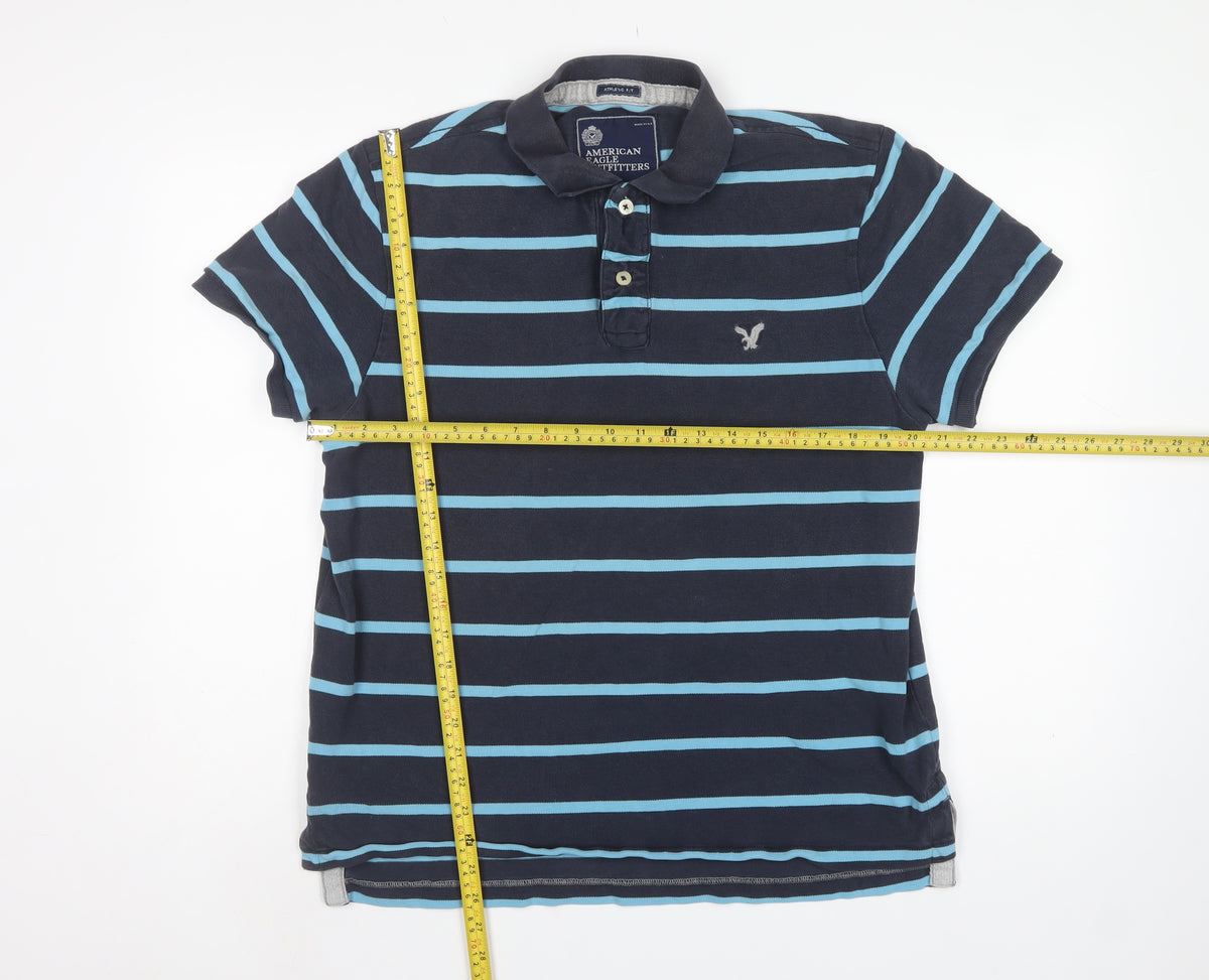 American Eagle Outfitters Men Blue Striped Athletic Fit Polo L