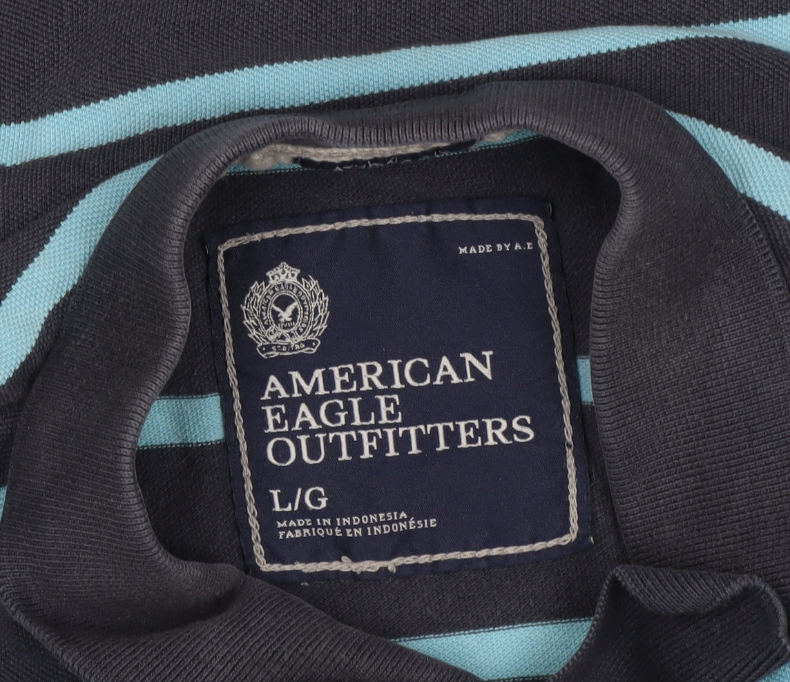 American Eagle Outfitters Men Blue Striped Athletic Fit Polo L