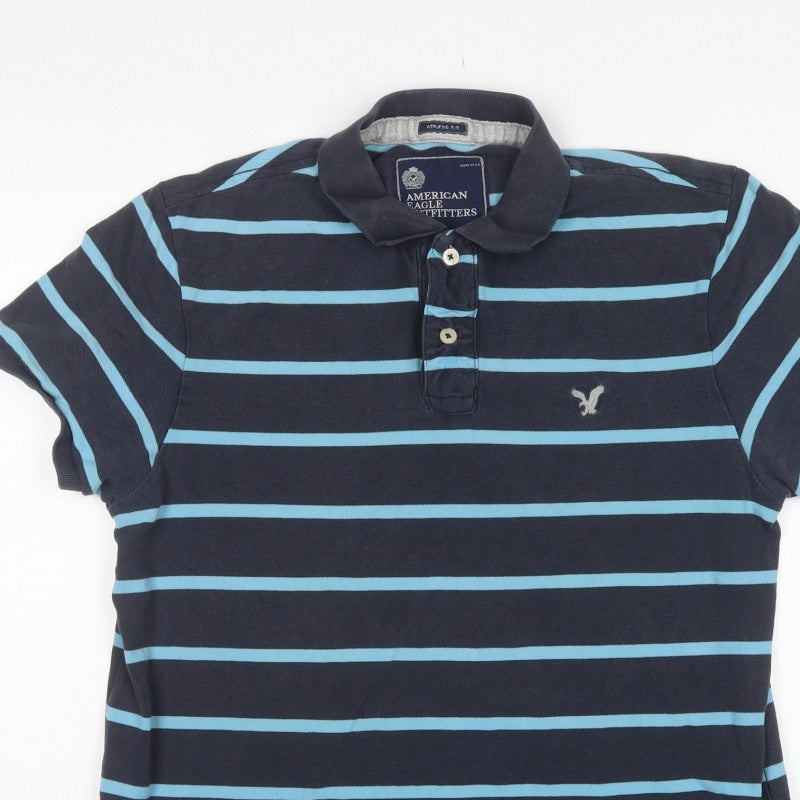 American Eagle Outfitters Men Blue Striped Athletic Fit Polo L