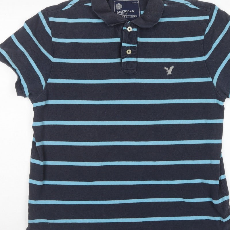 American Eagle Outfitters Men Blue Striped Athletic Fit Polo L
