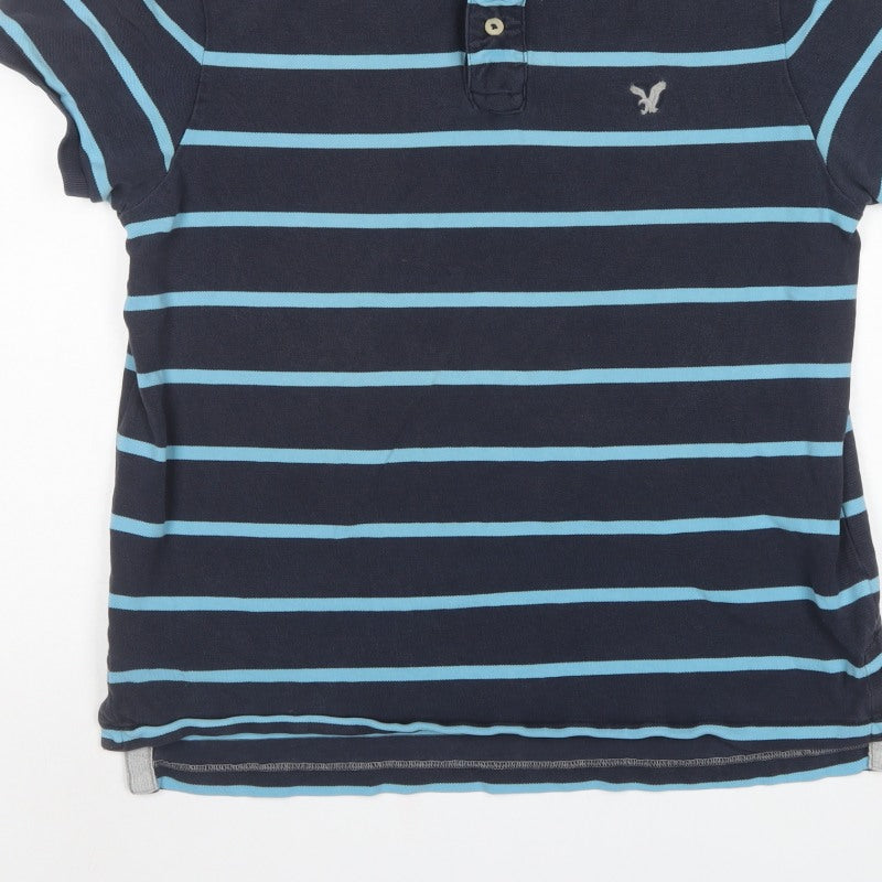 American Eagle Outfitters Men Blue Striped Athletic Fit Polo L